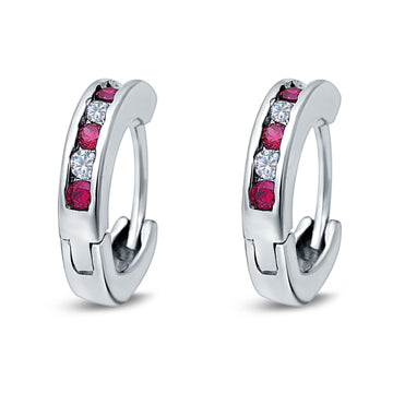 Eternity Huggie Hoop Earrings Channel Round Simulated Ruby Cubic Zirconia 925 Sterling Silver